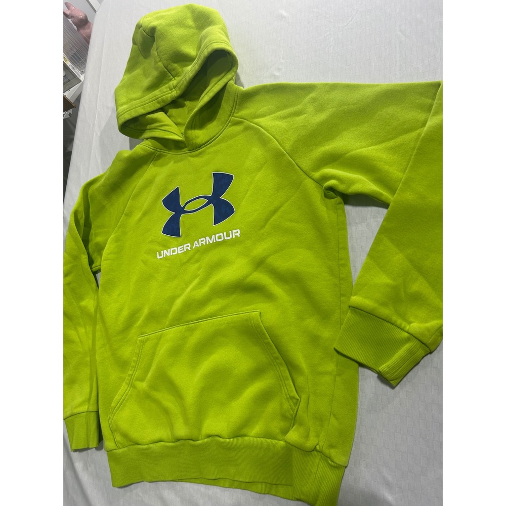 Under Armour Lime Green Pullover Hoodie Blue Logo Raglan Graphic Sweatshirt